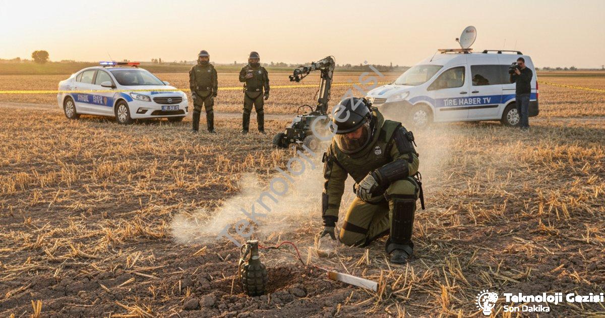 "Tire’de tarlada bulunan el bombası uzman ekipçe imha edildi" başlıklı haber için fotorealistik, pro